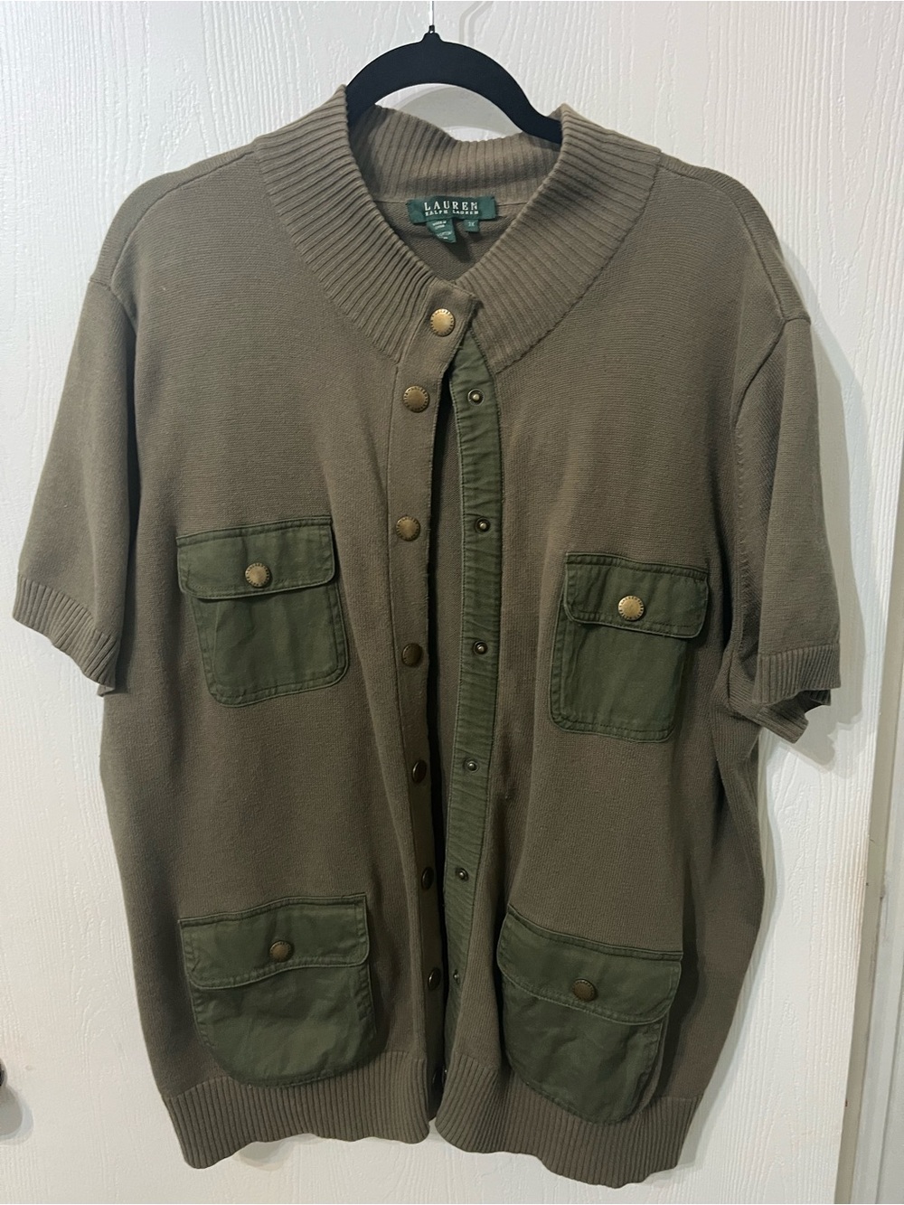 Lauren Ralph Lauren Olive Green Short-Sleeve Utility Cardigan